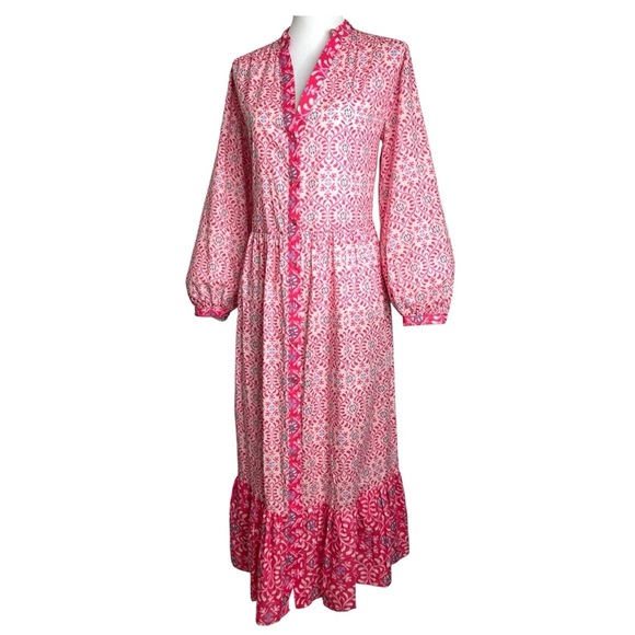 Zara Printed Midi Dress Pink Floral Button Front Tiered Boho Cotton 5029/ - Picture 5 of 13